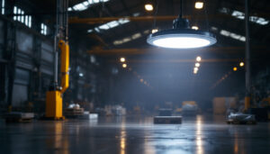 A photograph of a well-lit industrial space showcasing a ufo high bay light in action