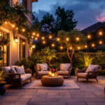 A photograph of a beautifully illuminated outdoor patio scene featuring stylish solar patio lights