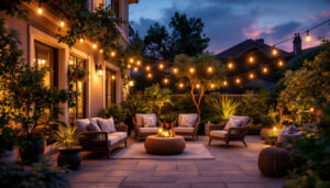 A photograph of a beautifully illuminated outdoor patio scene featuring stylish solar patio lights