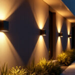 A photograph of a well-lit outdoor space featuring modern led wall lights installed on a building