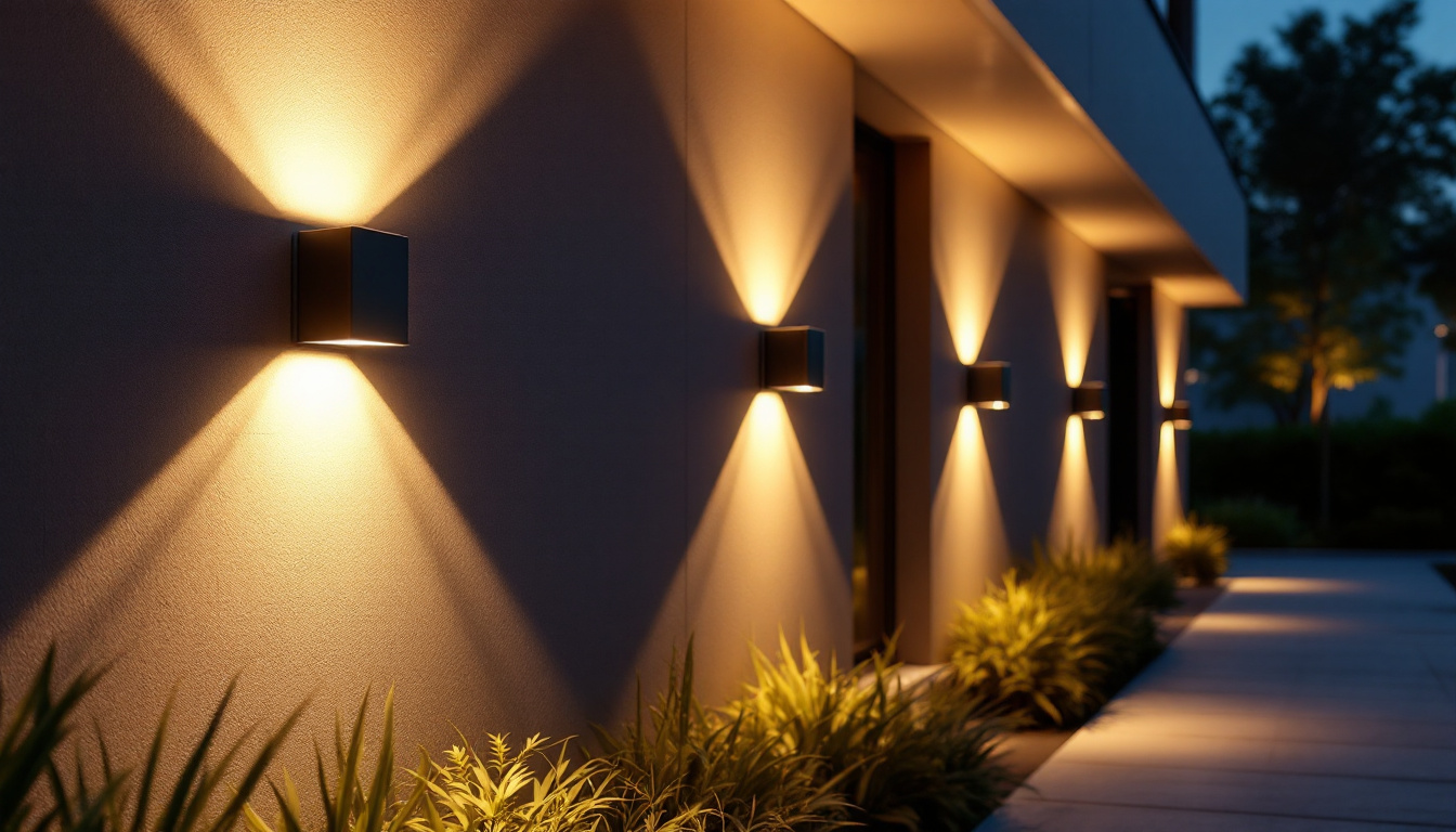 A photograph of a well-lit outdoor space featuring modern led wall lights installed on a building