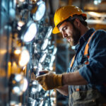 A photograph of a lighting contractor inspecting and installing metal halide lights in a commercial setting