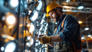 A photograph of a lighting contractor inspecting and installing metal halide lights in a commercial setting