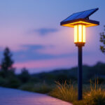 A photograph of a beautifully illuminated solar post lamp in a serene outdoor setting