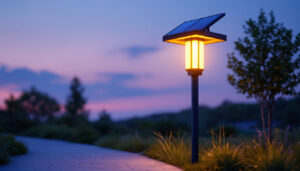 A photograph of a beautifully illuminated solar post lamp in a serene outdoor setting