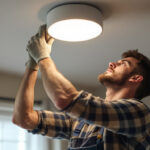 A photograph of a lighting contractor installing ceiling canister lights in a modern home setting