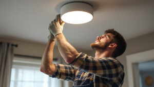 A photograph of a lighting contractor installing ceiling canister lights in a modern home setting