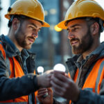 A photograph of a lighting contractor examining a modern led street bulb in an outdoor urban setting
