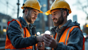 A photograph of a lighting contractor examining a modern led street bulb in an outdoor urban setting