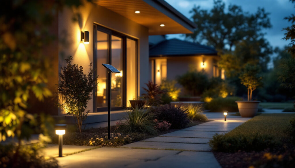 A photograph of a well-lit outdoor space featuring solar exterior lighting installations