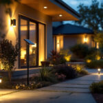 A photograph of a well-lit outdoor space featuring solar exterior lighting installations