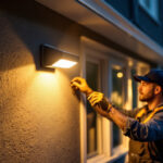A photograph of a lighting contractor installing motion-detecting lights in a residential or commercial setting