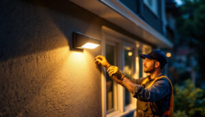 A photograph of a lighting contractor installing motion-detecting lights in a residential or commercial setting