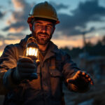 A photograph of a lighting contractor using a luminaid lantern in a dynamic outdoor setting