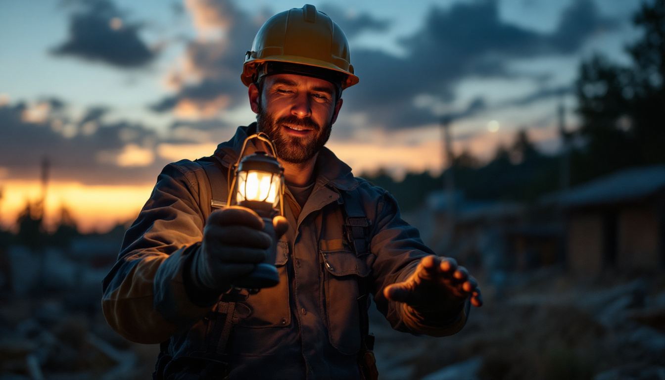 A photograph of a lighting contractor using a luminaid lantern in a dynamic outdoor setting
