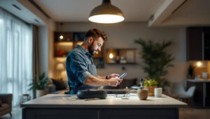 A photograph of a modern lighting contractor working on a stylish residential space