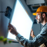 A photograph of a lighting contractor skillfully installing led flat panel lights in a modern commercial space