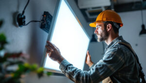A photograph of a lighting contractor skillfully installing led flat panel lights in a modern commercial space