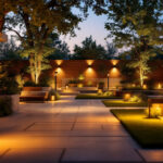 A photograph of a beautifully lit outdoor space featuring various styles of led lamps in use