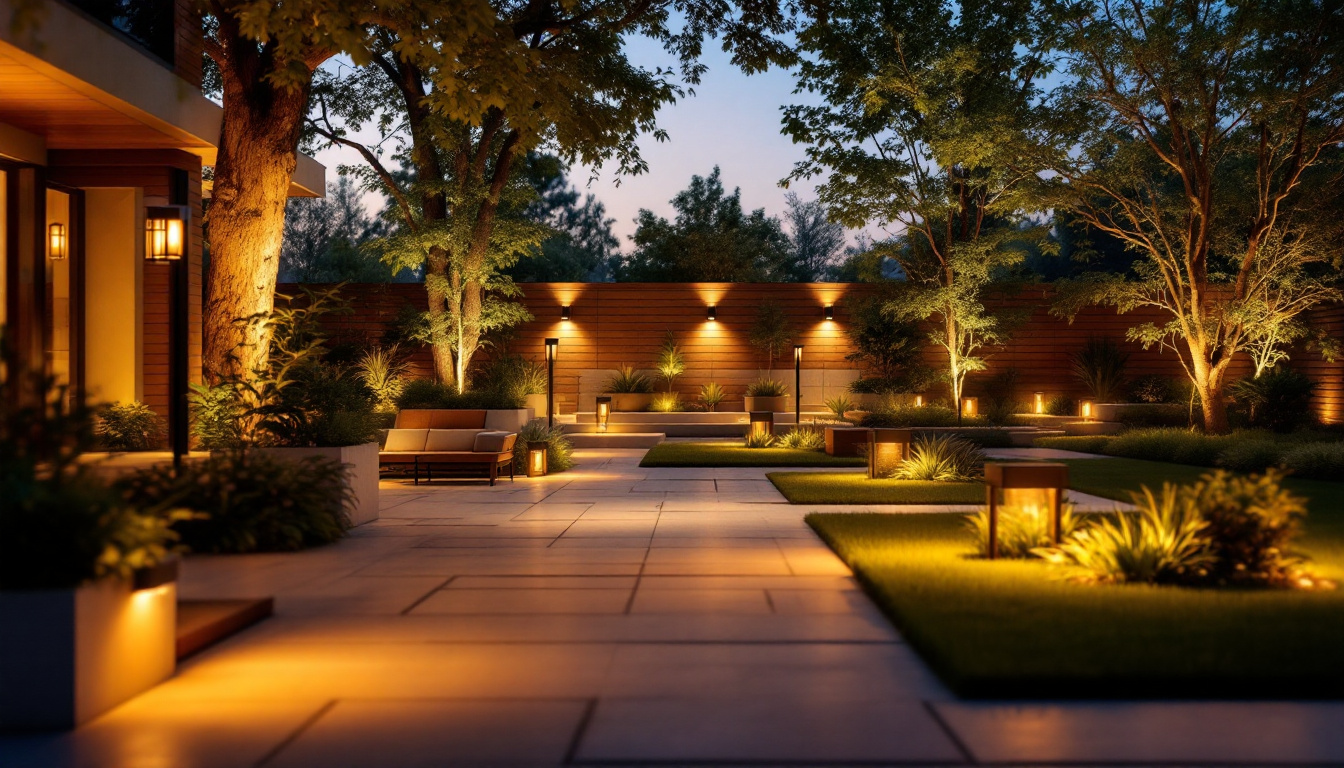 A photograph of a beautifully lit outdoor space featuring various styles of led lamps in use