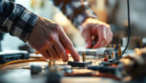 A photograph of a skilled lighting contractor working with various electrical outlet plugs and tools in a well-lit setting
