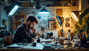 A photograph of a well-organized workspace featuring a variety of led light kits