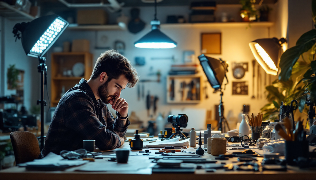 A photograph of a well-organized workspace featuring a variety of led light kits