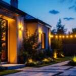 A photograph of a beautifully illuminated outdoor space featuring motion security lights in action