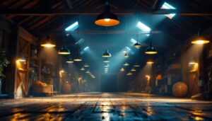 A photograph of a well-lit barn interior showcasing various lighting fixtures in use