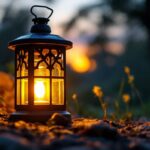 A photograph of a beautifully designed solar-powered lantern illuminating a serene outdoor setting at dusk