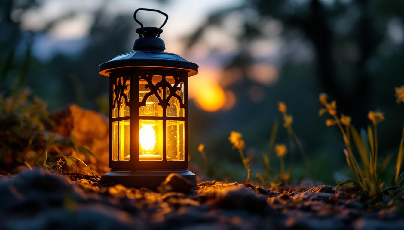 A photograph of a beautifully designed solar-powered lantern illuminating a serene outdoor setting at dusk
