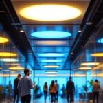 A photograph of a modern indoor setting featuring led lighting fixtures equipped with sensors