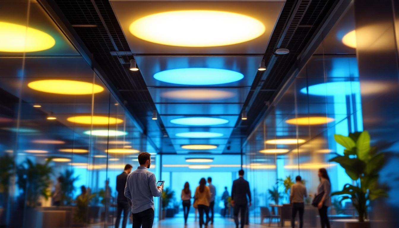 A photograph of a modern indoor setting featuring led lighting fixtures equipped with sensors