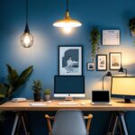A photograph of a stylish home office featuring a variety of ceiling light designs