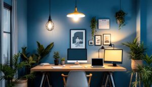 A photograph of a stylish home office featuring a variety of ceiling light designs