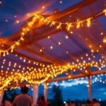 A photograph of a beautifully lit outdoor canopy setup at dusk