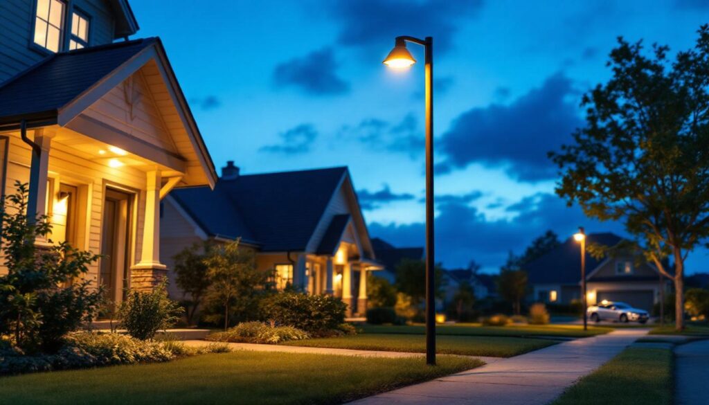 A photograph of a lighting contractor installing led outside pole lights in a residential or commercial setting during twilight