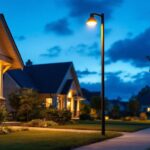 A photograph of a lighting contractor installing led outside pole lights in a residential or commercial setting during twilight