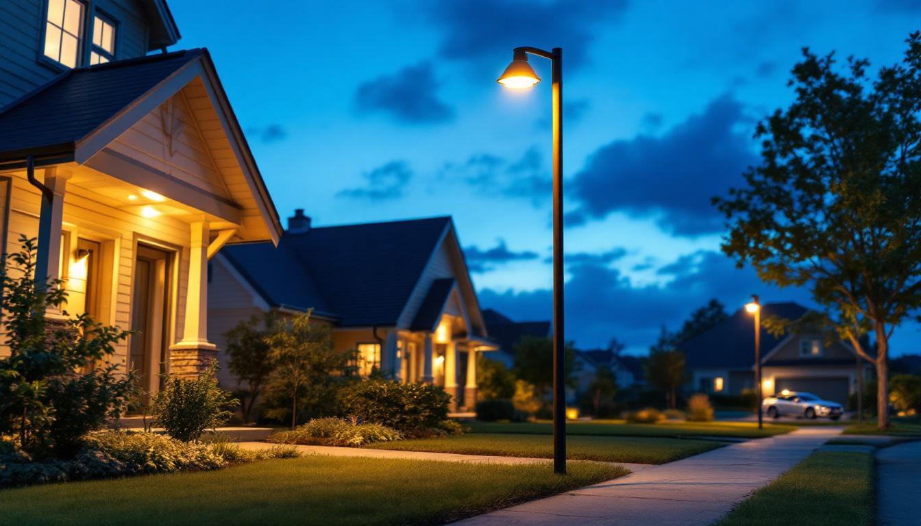 A photograph of a lighting contractor installing led outside pole lights in a residential or commercial setting during twilight
