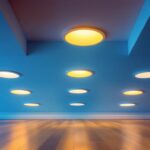 A photograph of a well-lit room showcasing various recessed light fixtures installed at different dimensions