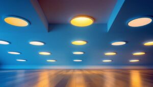 A photograph of a well-lit room showcasing various recessed light fixtures installed at different dimensions
