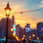 A photograph of a beautifully illuminated gas street lamp in an urban setting during twilight