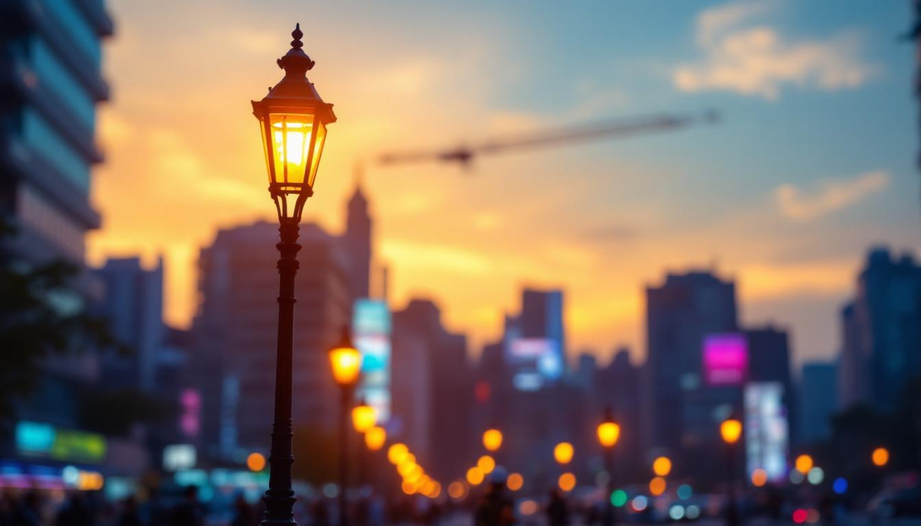 A photograph of a beautifully illuminated gas street lamp in an urban setting during twilight