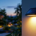 A photograph of a solar wall mount light illuminating a beautifully landscaped outdoor space during dusk