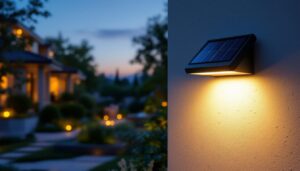 A photograph of a solar wall mount light illuminating a beautifully landscaped outdoor space during dusk
