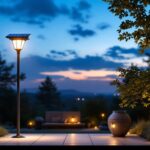A photograph of a beautifully lit outdoor space showcasing solar-powered lighting fixtures in use during twilight