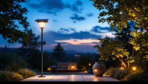 A photograph of a beautifully lit outdoor space showcasing solar-powered lighting fixtures in use during twilight