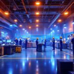 A photograph of a well-lit factory environment showcasing various types of industrial lighting installations