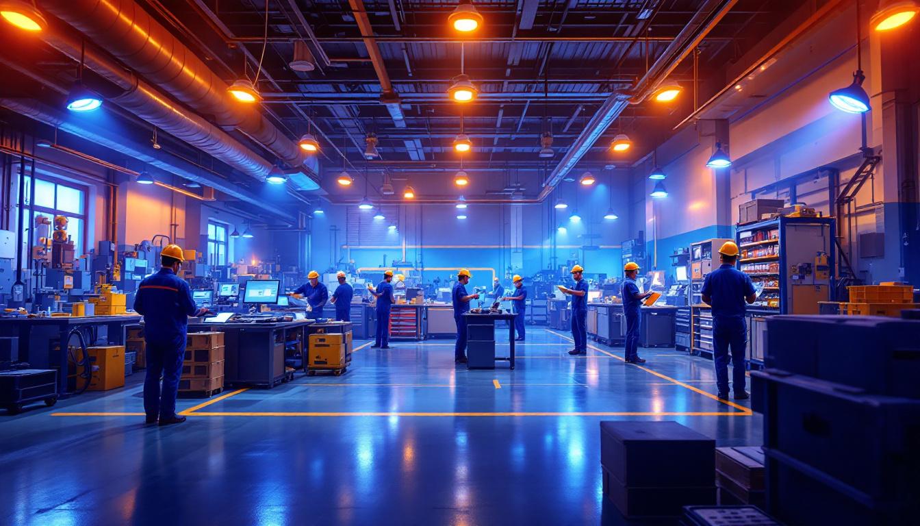 A photograph of a well-lit factory environment showcasing various types of industrial lighting installations