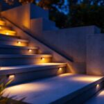 A photograph of a beautifully illuminated staircase at dusk